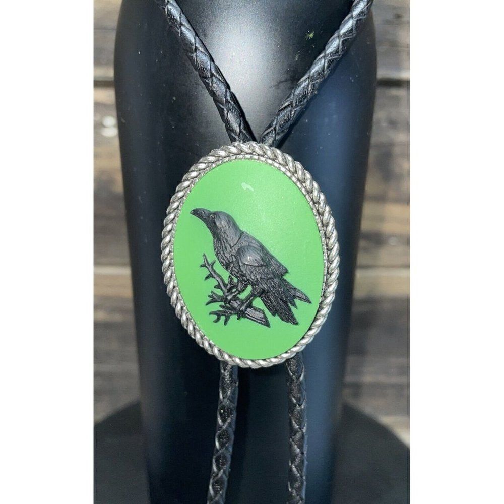 Steampunk Green Black Raven Cameo Pendant Crow Lariat Bolo Tie Gothic Men Women